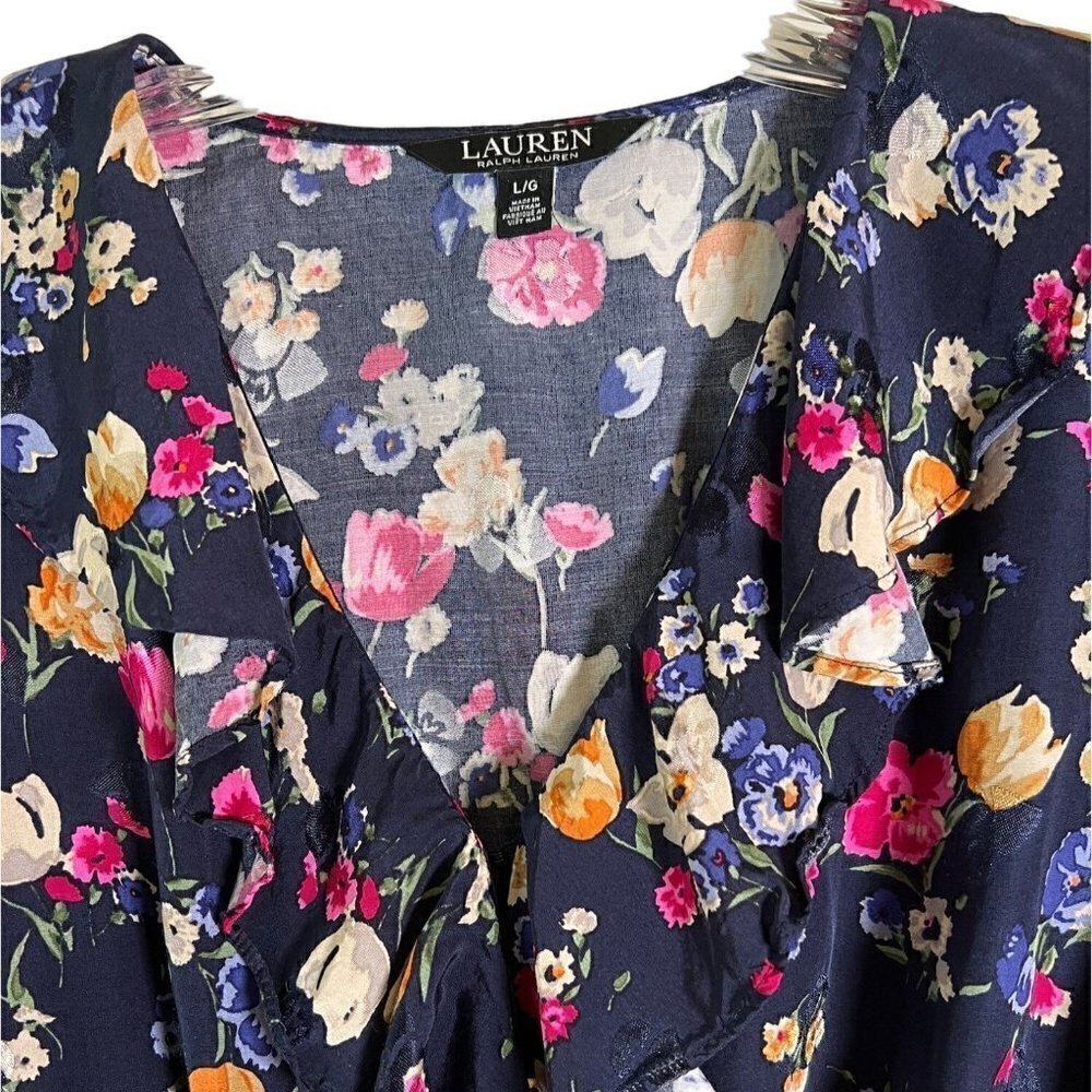 Lauren Ralph Lauren Navy Floral Women's Size Large V-Neck Ruffle Top - Picture 3 of 11